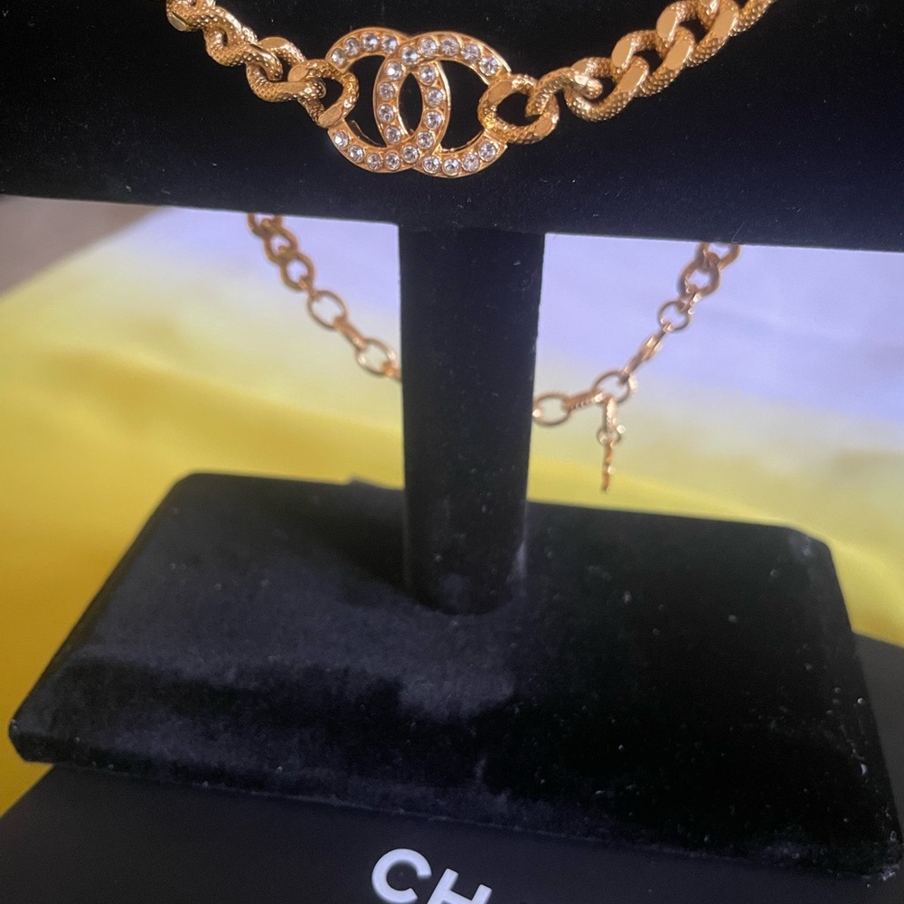 CHANEL Gold CC Chain Choker Necklace OS Crystal Logo Made in France - Picture 6 of 10